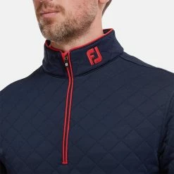FootJoy Diamond Jacquard Chill-Out 1/4 Zip Golf Pullover 12 FootJoy Diamond Jacquard Chill-Out 1/4 Zip Golf Pullover -Golf Shirts Sales FootJoy SS22 Diamond Jacquard Chill Out 1 4 Zip Golf Sweater Navy Bright Red 88452 model 2