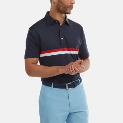 FootJoy Double Chest Band Pique Golf Polo Shirt -Golf Shirts Sales FootJoy SS22 Double Chest Band Pique Golf Polo Shirt Navy Red White 88440 model 1