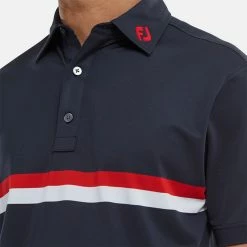 FootJoy Double Chest Band Pique Golf Polo Shirt -Golf Shirts Sales FootJoy SS22 Double Chest Band Pique Golf Polo Shirt Navy Red White 88440 model 2