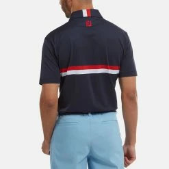 FootJoy Double Chest Band Pique Golf Polo Shirt -Golf Shirts Sales FootJoy SS22 Double Chest Band Pique Golf Polo Shirt Navy Red White 88440 model 3