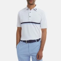 FootJoy Double Chest Band Pique Golf Polo Shirt -Golf Shirts Sales FootJoy SS22 Double Chest Band Pique Golf Polo Shirt White Navy Light Blue 88443 model 1