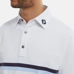 FootJoy Double Chest Band Pique Golf Polo Shirt -Golf Shirts Sales FootJoy SS22 Double Chest Band Pique Golf Polo Shirt White Navy Light Blue 88443 model 2