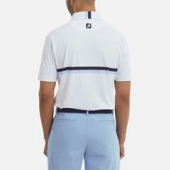 FootJoy Double Chest Band Pique Golf Polo Shirt -Golf Shirts Sales FootJoy SS22 Double Chest Band Pique Golf Polo Shirt White Navy Light Blue 88443 model 3