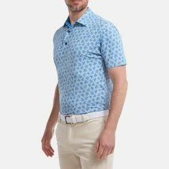 FootJoy Shadow Palm Print Pique Golf Polo Shirt -Golf Shirts Sales FootJoy SS22 Shadow Palm Print Pique Golf Polo Shirt Dove Grey Royal 88376 model 1